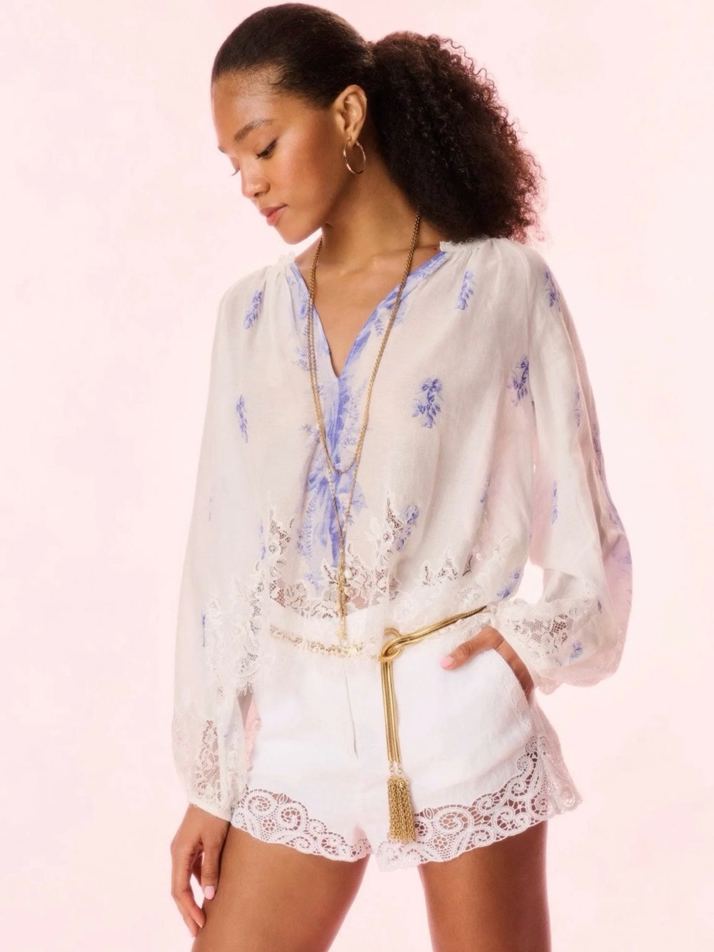 LOVESHACKFANCY Dresner Top Victorian Blue Floral Lace Blouse Size S NWT Coquette